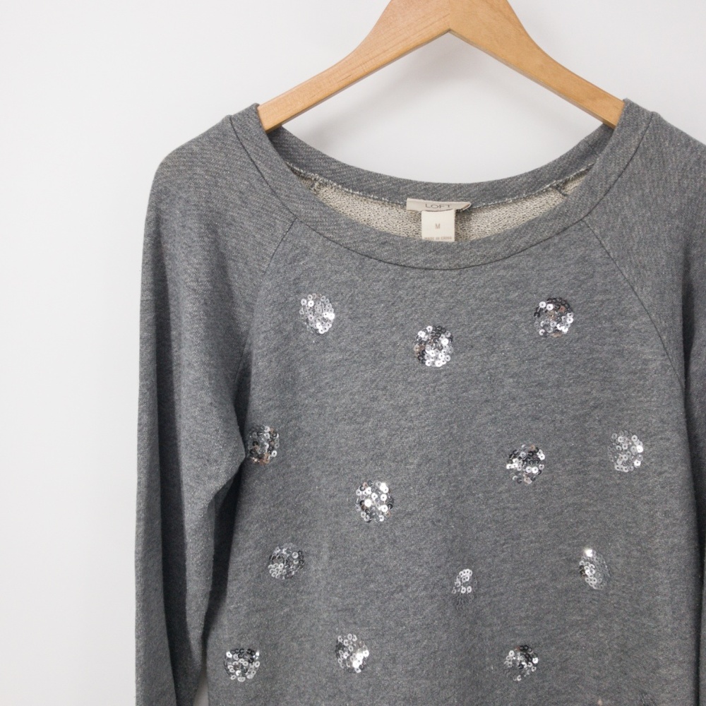 LOFT : Gray Sequin Polka Dot Sweatshirt Medium - Picture 2 of 7